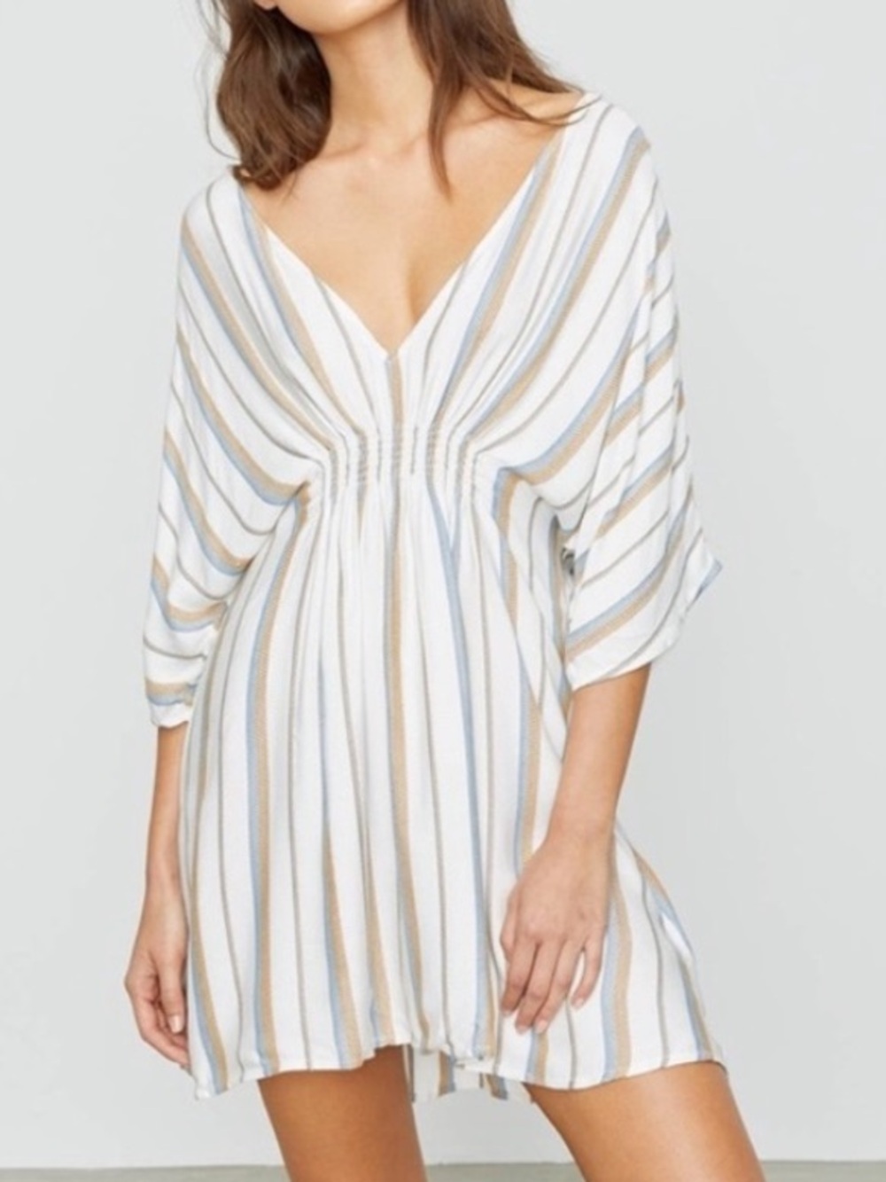 Onia Alessandra Plunging Striped Swim Coverup Dress White Mini Batwing Size S